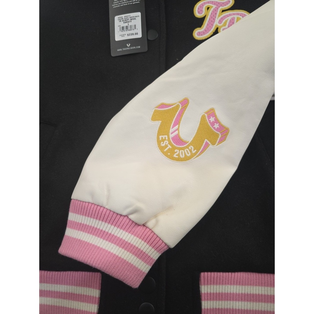 TRUE RELIGION Trendy Varsity Jacket Black, Pink & White LOGO Large - Picture 6 of 10